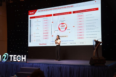Chiến lược tiết kiệm chi phí và tăng doanh thu với CRM - Ảnh 2. Bà Nguyễn Thùy Dung - CEO Bizfly Martech, VCCorp - trình bày về tầm quan trọng của tích hợp công nghệ trong quản trị khách hàng 4.0