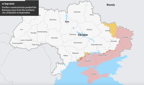 Vì sao Mỹ nói Ukraine đã giành lại 50% lãnh thổ bị Nga kiểm soát? - Ảnh 3. Đồ họa các khu vực Nga kiểm soát (màu hồng) trên lãnh thổ Ukraine ngày 11-9-2022. Ukraine đã đẩy lực lượng Nga khỏi 5 vùng Chernihiv, Kyiv, Sumy, Zhytomyr and Mykolaiv, và cũng lấy lại Kharkov - Ảnh: Guardian