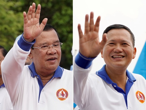 Chuyển giao quyền lực ở Campuchia - Ảnh 1. Thủ tướng Hun Sen và con trai Hun Manet trong lúc đi tranh cử - Ảnh: Reuters