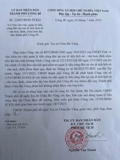 Văn bản của UBND TP Uông Bí ngày 24-7 đề nghị chùa Ba Vàng báo cáo bổ sung Văn bản của UBND TP Uông Bí ngày 24-7 đề nghị chùa Ba Vàng báo cáo bổ sung