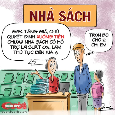Mua sách giáo khoa... trả góp - Ảnh 1. Mua sách giáo khoa có hỗ trợ lãi suất 0% - Tranh: Đỗ Minh Tuấn