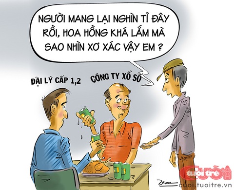 Bán vé số lợi nhuận khủng mà vẫn xơ xác - Ảnh 1. Bán vé số lợi nhuận khủng mà vẫn xơ xác - Tranh biếm họa của Đỗ Minh Tuấn