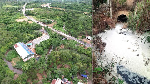 Bãi rác, khu tái chế nhựa bủa vây - Ảnh 1. Cơ sở tái chế nhựa của ông Nguyễn Đức Cường được bọc bởi một con suối dẫn thẳng ra sông Sêrêpốk - Ảnh: TRUNG TÂN
