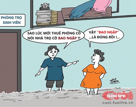 Phòng trọ bao ngập, giá sinh viên - Ảnh 1. Phòng trọ bao ngập - Biếm họa của Bùi Thanh Tâm