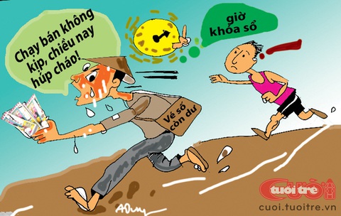 Vé số dạo chạy đua với thời gian: Thắng ăn cơm, thua húp cháo - Ảnh 1. Chạy bán không kịp, chiều nay húp cháo - Tranh: Nguyễn Anh Dũng