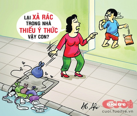 Cống thoát nước 'full topping' - Ảnh 1. Dạy con xả rác ở miệng cống thoát nước - Tranh: H.Lộc