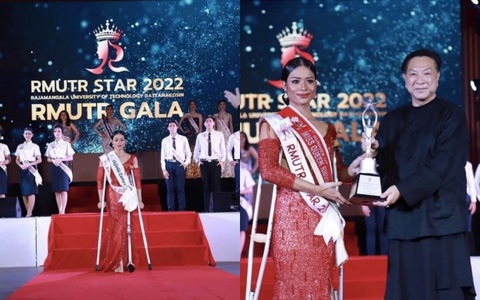 Cô gái cụt hai chân và một tay gây sốt khi dự thi hoa hậu - Ảnh 4. Thí sinh khuyết tật chống nạn trình diễn váy dạ hội tại cuộc thi RMUTR STAR 2022 Thái Lan - Ảnh chụp màn hình