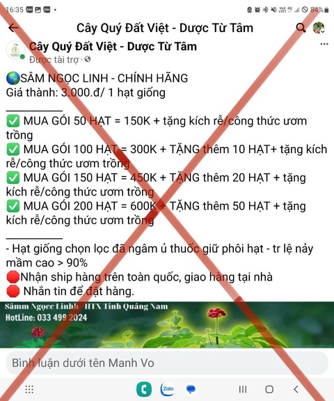 Lừa bán hoa, lá, hạt sâm Ngọc Linh giá rẻ, chủ tịch huyện 'bày' cách nhận diện thật - giả - Ảnh 1. Một trang mạng xã hội đăng tải thông tin sai sự thật được UBND huyện Tu Mơ Rông phát hiện - Ảnh chụp màn hình