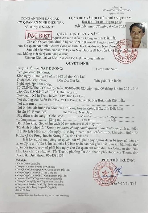 Quyết định truy nã tội “khủng bố nhằm chống chính quyền nhân dân” theo điều 113 Bộ luật Hình sự đối với Nay Dương (55 tuổi, dân tộc Gia Rai, trú buôn Ea Klok, Cư Pơng, huyện Krông Búk, Đắk Lắk) - C.A. Quyết định truy nã tội “khủng bố nhằm chống chính quyền nhân dân” theo điều 113 Bộ luật Hình sự đối với Nay Dương (55 tuổi, dân tộc Gia Rai, trú buôn Ea Klok, Cư Pơng, huyện Krông Búk, Đắk Lắk) - C.A.