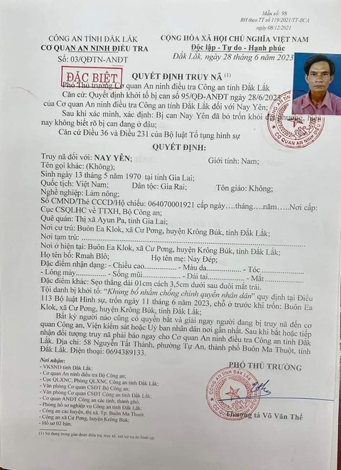 Quyết định truy nã tội “khủng bố nhằm chống chính quyền nhân dân” theo điều 113 Bộ luật Hình sự đối với Nay Yên(53 tuổi, dân tộc Gia Rai, trú buôn Ea Klok, Cư Pơng, huyện Krông Búk, Đắk Lắk) - C.A. Quyết định truy nã tội “khủng bố nhằm chống chính quyền nhân dân” theo điều 113 Bộ luật Hình sự đối với Nay Yên(53 tuổi, dân tộc Gia Rai, trú buôn Ea Klok, Cư Pơng, huyện Krông Búk, Đắk Lắk) - C.A.