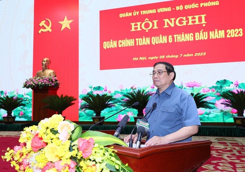 Thủ tướng nêu đối sách xử lý linh hoạt với tinh thần '3 không' với Quân đội - Ảnh 1. Thủ tướng Phạm Minh Chính phát biểu tại Hội nghị Quân chính toàn quân 6 tháng đầu năm 2023 - Ảnh: TTXVN