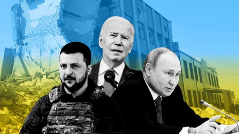 Ông Medvedev bày cách kết thúc chiến sự Ukraine 'trong vài ngày' - Ảnh 2. Ảnh ghép cho thấy Tổng thống Ukraine Volodymyr Zelensky (trái), Tổng thống Mỹ Joe Biden (giữa) và Tổng thống Nga Vladimir Putin - Ảnh: FINANCIAL TIMES