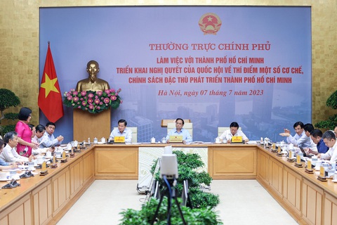Thủ tướng: Hoàn thành hướng dẫn chính sách đặc thù với TP.HCM chậm nhất ngày 15-8 - Ảnh 1. Thủ tướng Phạm Minh Chính chủ trì cuộc họp của Thường trực Chính phủ với TP.HCM triển khai nghị quyết của Quốc hội về thí điểm một số cơ chế, chính sách đặc thù phát triển TP.HCM - Ảnh: VGP