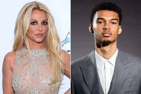 Tin tức giải trí 9-7: Britney Spears lên tiếng sự cố, PiaLinh giành vé vàng đầu tiên Vietnam Idol - Ảnh 2. Nữ ca sĩ Britney Spears (bên trái) và ngôi sao NBA Victor Wembanyama - Ảnh: GETTY IMAGES
