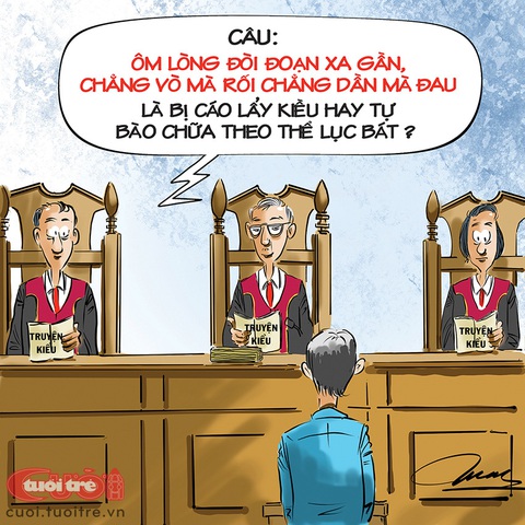 Kiều ra tòa, đánh đố các vị thẩm phán - Ảnh 1. Truyện Kiều trong tòa án - Tranh: Đỗ Minh Tuấn