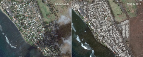 Cháy rừng hủy hoại thành phố nghỉ dưỡng ở Hawaii như nào - Ảnh 1. Ảnh chụp vệ tinh thành phố Lahaina trước (trái) và sau (phải) bị tàn phá bởi trận cháy rừng - Ảnh: AFP