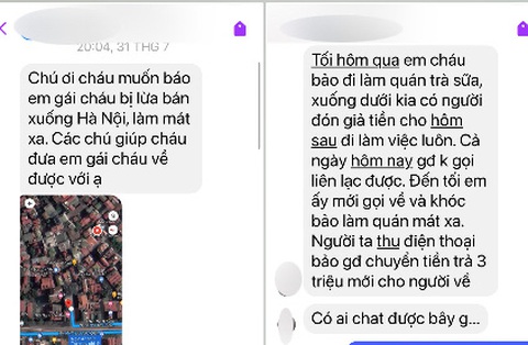 Dụ dỗ bán trà sữa lương cao, hai thiếu nữ bị đưa vào quán massage - Ảnh 1. Tin nhắn gửi đến fanpage Công an tỉnh Lai Châu (Phòng Tham mưu) báo về trường hợp thiếu nữ bị lừa đi làm việc tại quán massage