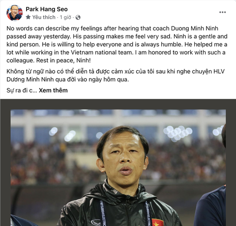 HLV Park Hang Seo tiếc thương trợ lý Dương Minh Ninh - Ảnh 2. Dòng tiếc thương của HLV Park Hang Seo trước sự ra đi của HLV Dương Minh Ninh trên Facebook cá nhân ông sáng 13-8 - Ảnh chụp màn hình