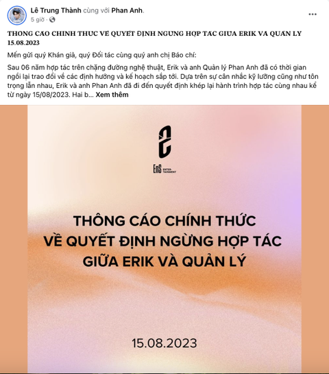 Erik chia tay quản lý kì cựu sau 7 năm để... ra riêng? - Ảnh 2. Erik xác nhận dừng hợp tác với quản lý cũ, tiết lộ về công ty riêng mang tên EnS Entertainment