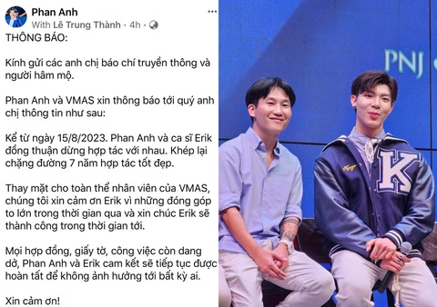 Erik chia tay quản lý kì cựu sau 7 năm để... ra riêng? - Ảnh 1. Dòng thông báo dừng hợp tác từ quản lý Phan Anh và Erik