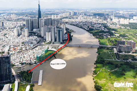 Hướng tuyến đường ven sông Sài Gòn tuyệt đẹp và chi tiết từng đoạn quy hoạch - Ảnh 5. Cũng theo quy hoạch, đoạn cuối khu Ba Son sẽ kết nối tiếp với đường ven sông bắc qua rạch Thị Nghè, kéo dài qua cầu Thủ Thiêm 1 và chạy đến cuối khu Saigon Pearl