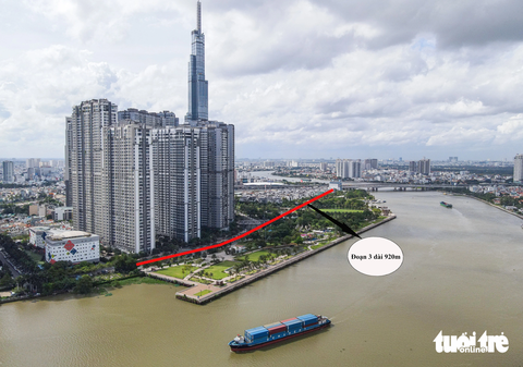 Hướng tuyến đường ven sông Sài Gòn tuyệt đẹp và chi tiết từng đoạn quy hoạch - Ảnh 7. Còn theo phương án thiết kế, đoạn cuối đường ven sông này (phần lớn đã có sẵn đoạn thuộc khu Vinhomes, kết nối từ bức tường khu Saigon Pearl về hướng cầu Sài Gòn) có chiều dài khoảng 920m, rộng khoảng 35m