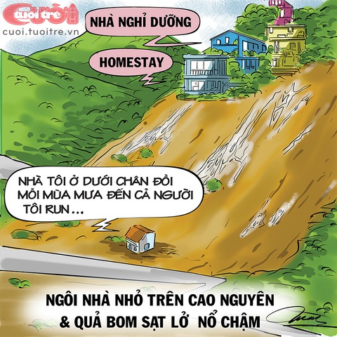 Nhà tôi ở dưới chân đồi, mỗi mùa mưa đến... - Ảnh 1. Nhà tôi ở dưới chân đồi, mỗi mùa mưa đến cả người tôi run... - Tranh: Đỗ Minh Tuấn