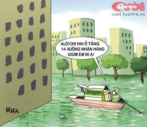 Shipper đối phó với mùa mưa - Ảnh 1. Shipper mùa mưa - Tranh: B.Ba