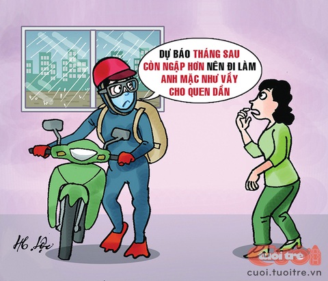 Shipper đối phó với mùa mưa - Ảnh 2. Đi làm hay đi lặn? - Tranh biếm họa của Hữu Lộc