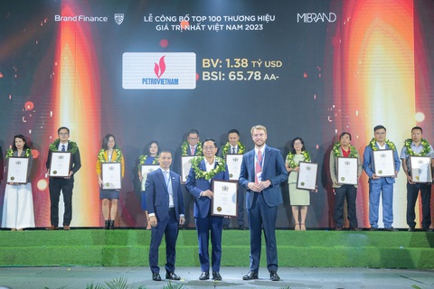 PVN trong TOP 10 thương hiệu giá trị nhất Việt Nam - Ảnh 1. Ông Trần Quang Dũng, trưởng Ban Truyền thông và Văn hóa doanh nghiệp, đại diện PVN nhận tôn vinh tại chương trình