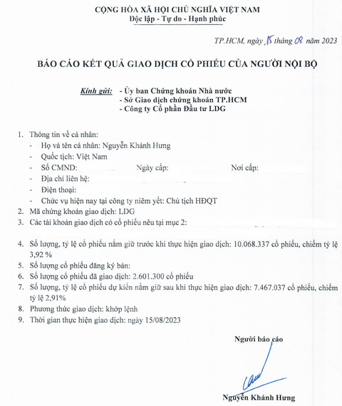 Nhà đầu tư 'tháo chạy' sau khi cổ phiếu LDG bị chủ tịch 'bán chui' - Ảnh 2. Chủ tịch Nguyễn Khánh Hưng báo cáo kết quả giao dịch cổ phiếu LDG sau khi "bán chui". Mục "số lượng cổ phiếu đăng ký bán" bị bỏ trống.