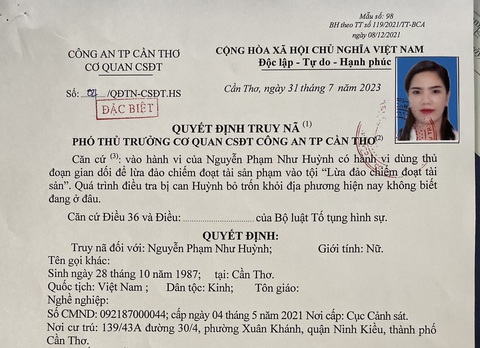 Truy nã đặc biệt "nữ quái" lừa đảo 16 tỉ đồng - Ảnh 1. Quyết định truy nã của Công an TP Cần Thơ - Ảnh: CA cung cấp