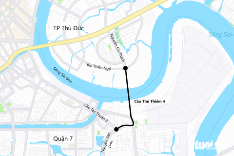 TP.HCM đánh giá lại cầu Thủ Thiêm 4 để điều chỉnh quy hoạch - Ảnh 3. Vị trí xây dựng cầu Thủ Thiêm 4 bắc qua sông Sài Gòn, kết nối quận 7 với TP Thủ Đức - Đồ họa: PHƯƠNG NHI