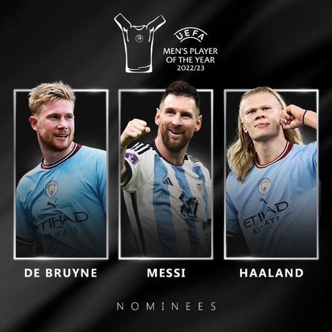 Điểm tin thể thao sáng 18-8: Messi tranh danh hiệu với Haaland, Walcott giải nghệ - Ảnh 1. Messi, Haaland và De Bruyne được đề cử cho danh hiệu Cầu thủ xuất sắc năm của UEFA - Ảnh: UEFA
