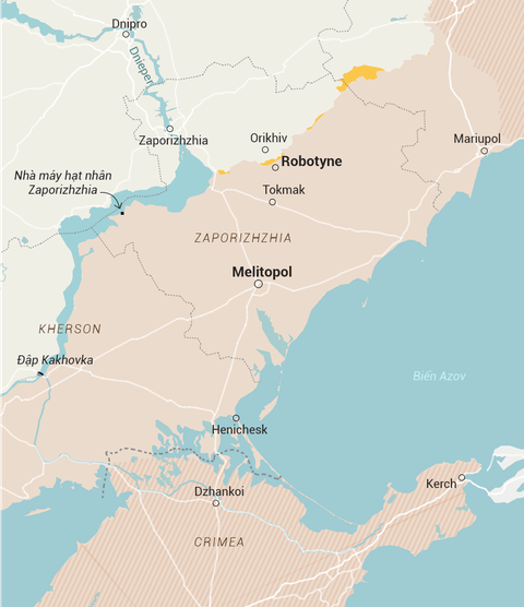 Mỹ vẫn tin Ukraine khó làm nên chuyện trong phản công mùa xuân - Ảnh 2. Bản đồ khu vực phía đông Ukraine cho thấy thành phố Melitopol có vị trí chiến lược quan trọng - Đồ họa: WASHINGTON POST/NGỌC ĐỨC chuyển ngữ