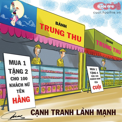 Bánh trung thu cạnh tranh lành mạnh - Ảnh 1. Bánh trung thu cạnh tranh lành mạnh - Tranh: Đỗ Minh Tuấn