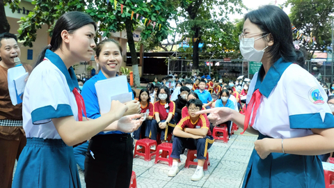 Giúp học sinh chọn đúng nghề - Ảnh 1. Các bạn học sinh Trường THCS Đồng Đen (huyện Bình Chánh, TP.HCM) cùng nhận diện tính chất công việc, nghề nghiệp qua các trò chơi - Ảnh: VŨ THỦY