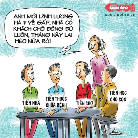 Lương chưa về, nhà đã đầy khách - Ảnh 1. Lương chưa về, nhà đã đầy khách - Tranh: Đỗ Minh Tuấn