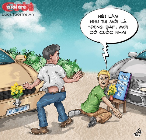 Cúng xe đúng bài năm 2023 - Ảnh 1. Tài xế công nghệ cúng xe đúng bài năm 2023 - Tranh: Nguyễn Tuấn Anh