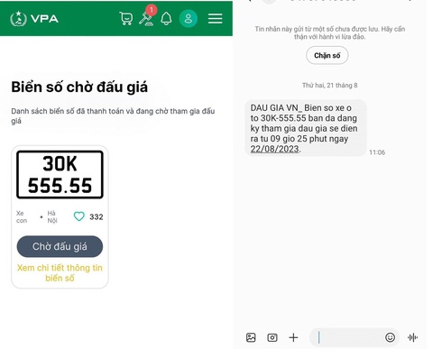 Phiên đấu giá đầu tiên: Người đàn ông sẵn sàng chi 2 tỉ cho biển số ngũ quý 5 tặng vợ - Ảnh 2. Tin nhắn xác nhận đăng ký thành công của anh Tuấn Anh - Ảnh: Nhân vật cung cấp