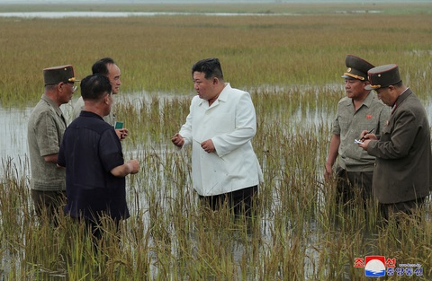 Lãnh đạo Triều Tiên Kim Jong Un đích thân lội ruộng để kiểm tra - Ảnh 3. Ông Kim trao đổi cùng một số quan chức Triều Tiên ngay dưới ruộng - Ảnh: REUTERS