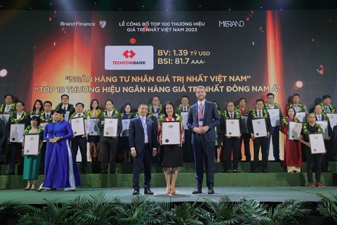 Tinh thần “Vượt trội hơn mỗi ngày” đã tạo động lực cho Techcombank - Ảnh 1. Bà Thái Minh Diễm Tú, Giám đốc Khối Tiếp thị (CMO) Ngân hàng Techcombank nhận giải thưởng tại Lễ công bố top 100 thương hiệu giá trị nhất Việt Nam - Ảnh: TCB