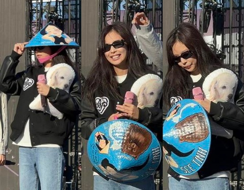 Fan Việt phát sốt vì Jennie đội nón lá See Tình trong tổng duyệt concert ở Mỹ - Ảnh 1. Khoảnh khắc Jennie thích thú đội nón lá từ fan Việt tại Mỹ