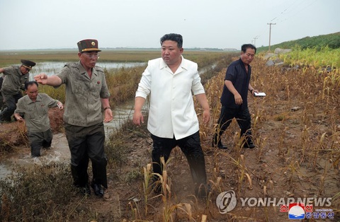 Lãnh đạo Triều Tiên Kim Jong Un đích thân lội ruộng để kiểm tra - Ảnh 4. Truyền thông Hàn Quốc cho biết những bức ảnh chụp ông Kim với phần ống quần ướt đẫm nước và bùn đã khắc ghi vào trái tim của người dân - Ảnh: YONHAP