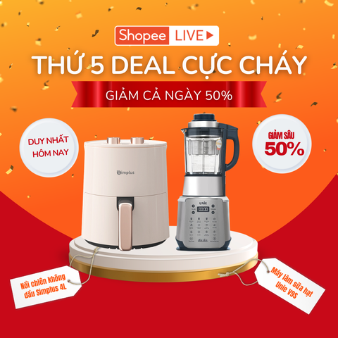 Đơn giản hóa công việc bếp núc với sự trợ giúp của nồi chiên không dầu Simplus và máy làm sữa hạt Unie. Cả hai đều giảm trực tiếp 50% vào khung 12H đến 12H30 trưa nay trên Shopee Live Đơn giản hóa công việc bếp núc với sự trợ giúp của nồi chiên không dầu Simplus và máy làm sữa hạt Unie. Cả hai đều giảm trực tiếp 50% vào khung 12H đến 12H30 trưa nay trên Shopee Live