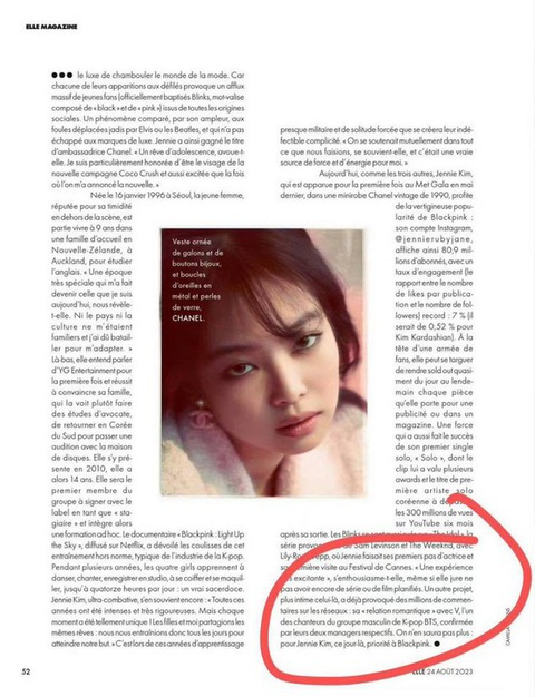 Báo Pháp đưa tin Jennie và V (BTS) xác nhận đang hẹn hò - Ảnh 1. Bài viết về Jennie trên tạp chí Elle có trích dẫn thông tin cho biết chuyện hẹn hò của nữ thần tượng với V (BTS) đã được công ty quản lý hai bên xác nhận
