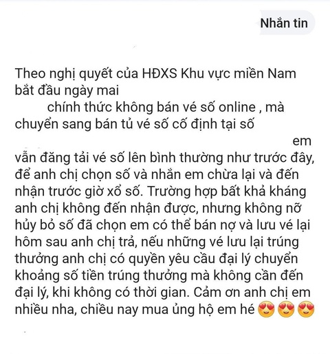 Đủ chiêu đối phó việc cấm bán vé số online - Ảnh 1. Bán vé số trên mạng xã hội nhưng kèm theo lời nhắn để "lách" quy định cấm bán vé số online - Ảnh: H.G.