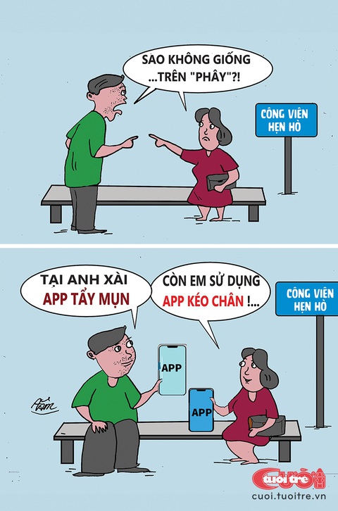 Chuyện hẹn hò 'té ngửa' - Ảnh 1. Chuyện hẹn hò "té ngửa" vì app chỉnh ảnh - Tranh: Bùi Thanh Tâm