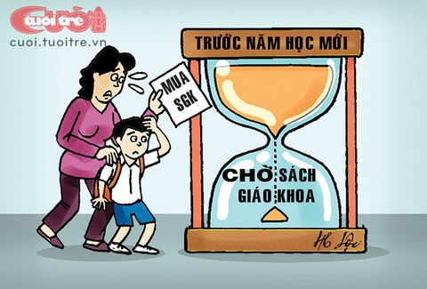 Sách giáo khoa vừa thiếu vừa thừa - Ảnh 1. Chờ sách giáo khoa trước thềm năm học mới - Tranh: Hữu Lộc