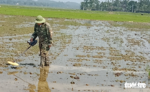 Huyện chỉ đạo xử lý vụ ruộng lúa lão nông bị cắm chông sắt - Ảnh 2. Địa phương phải thuê máy về rà kim loại ở thửa ruộng nhà ông Sỹ - Ảnh: N.THẮNG